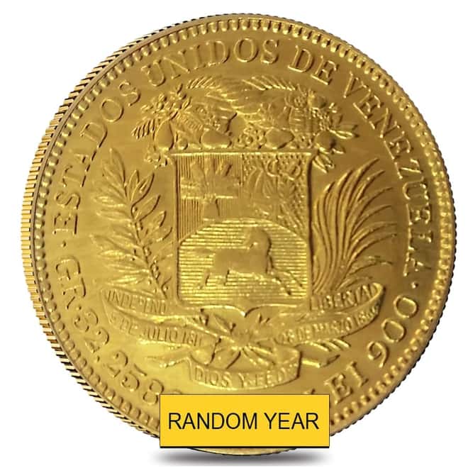 Venezuela 100 Bolivares Gold Coin AGW .9334 oz Cleaned (Random Year, 1886-1889)