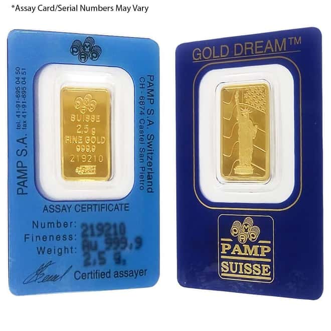 Vintage Assay - 2.5 gram Gold Bar PAMP Suisse - Statue of Liberty .9999 Fine