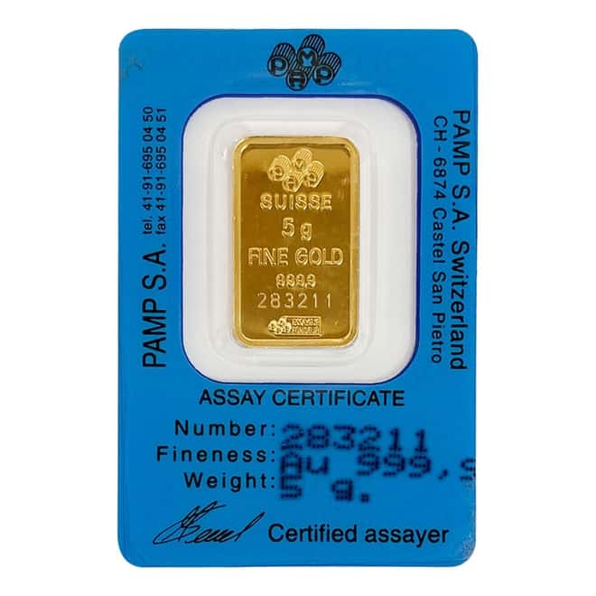 Vintage Assay - 5 gram Gold Bar PAMP Suisse Lady Fortuna .9999 Fine