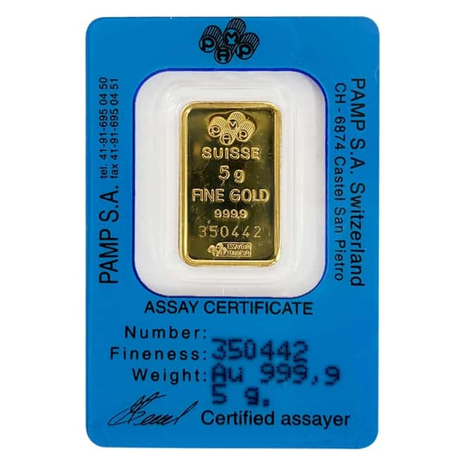 Vintage Assay - 5 gram Gold Bar PAMP Suisse Statue of Liberty .9999 Fine