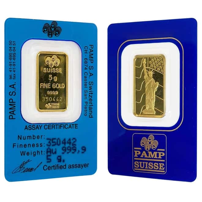 Vintage Assay - 5 gram Gold Bar PAMP Suisse Statue of Liberty .9999 Fine