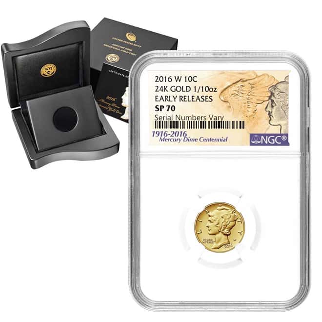 2016 1/10 oz Mercury Dime Centennial Gold Coin NGC SP 70 ER (W/Box & COA)