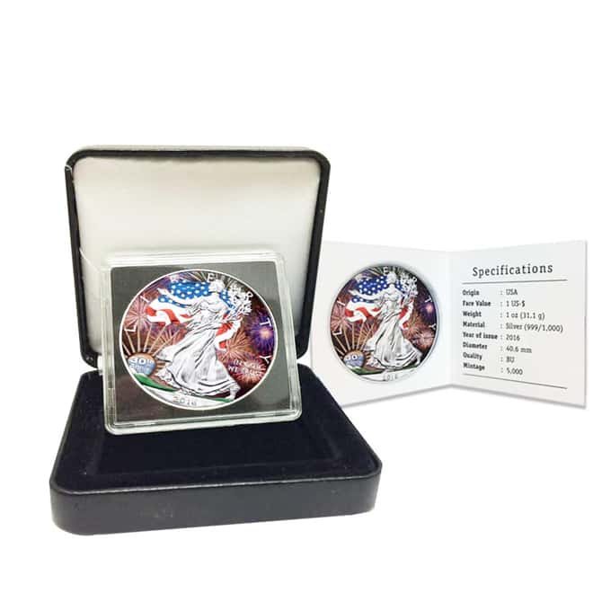 2016 1 oz Silver American Eagle $1 Coin .999 Fine BU Colored In Capsule w/Box