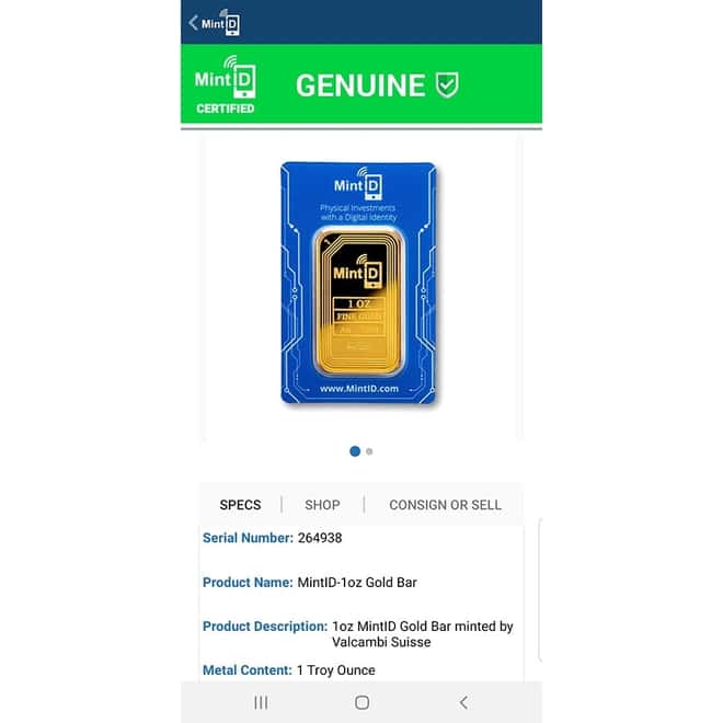 1 oz MintID Gold Bar .9999 Fine (NFC Scan Authentication)