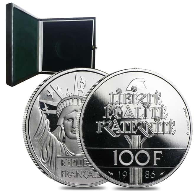1986 Platinum 100 Francs APW .643 Statue of Liberty Proof Coin (W/Box&COA)