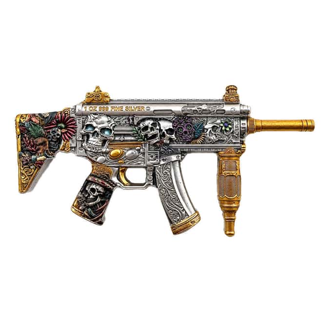 1 oz Dia de los Muertos Gun Shaped Silver .999 Fine Antiqued Finish