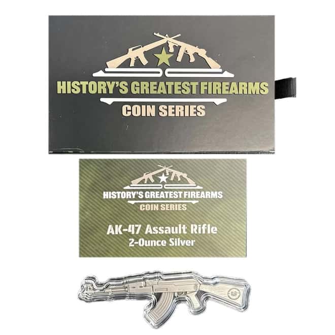 2024 2 oz Chad History's Greatest Firearms Antiqued Assault Rifle Shaped Silver Coin .999 Fine