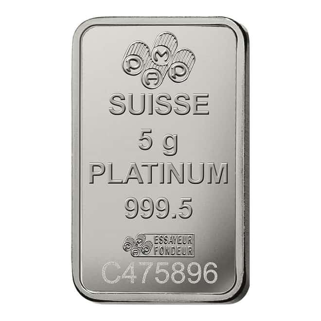 5 Gram PAMP Suisse Lady Fortuna Platinum Bar .9995 Fine (in Assay)