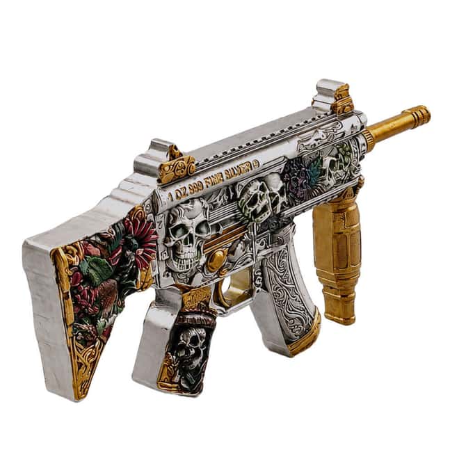 1 oz Dia de los Muertos Gun Shaped Silver .999 Fine Antiqued Finish