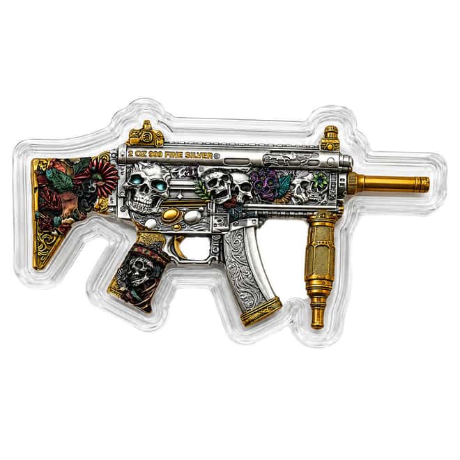 2 oz Dia de los Muertos Gun Shaped Silver .999 Fine Antiqued Finish