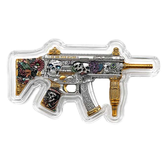 1 oz Dia de los Muertos Gun Shaped Silver .999 Fine Antiqued Finish