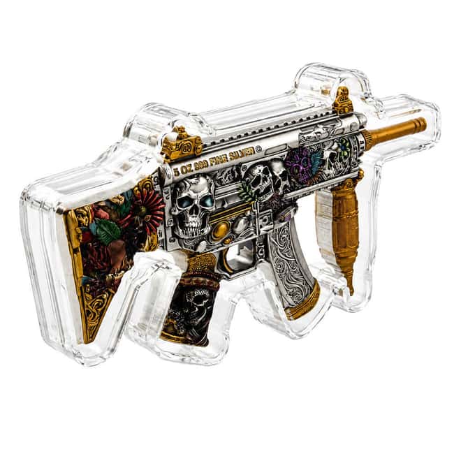 5 oz Dia de los Muertos Gun Shaped Silver .999 Fine Antiqued Finish