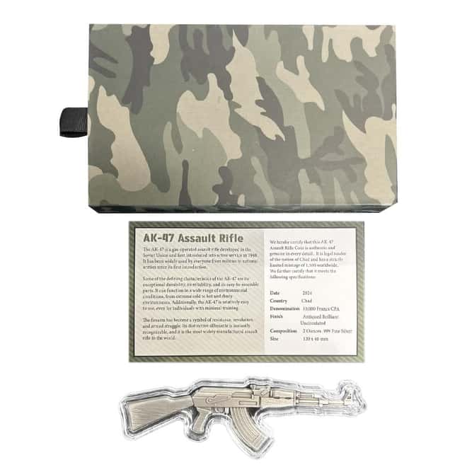 2024 2 oz Chad History's Greatest Firearms Antiqued Assault Rifle Shaped Silver Coin .999 Fine