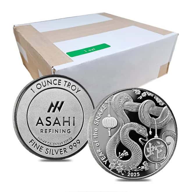 Box of 500 - 2025 1 oz Asahi Lunar Snake Silver Round .999 Fine