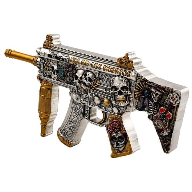 5 oz Dia de los Muertos Gun Shaped Silver .999 Fine Antiqued Finish