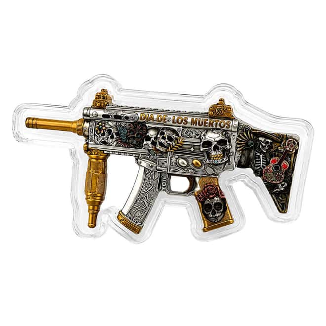 2 oz Dia de los Muertos Gun Shaped Silver .999 Fine Antiqued Finish