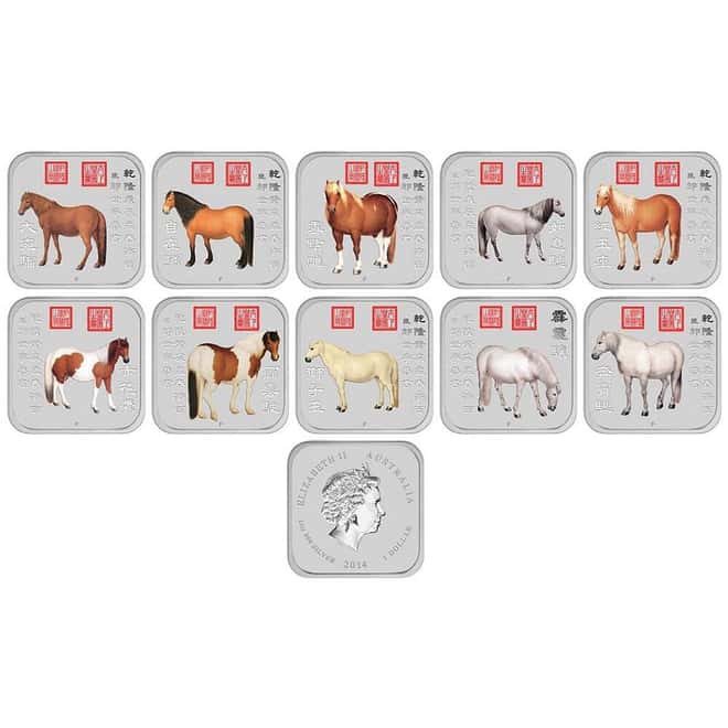 2014 10 oz Colorized Silver Lunar Horse 10-Coin Set Perth Mint