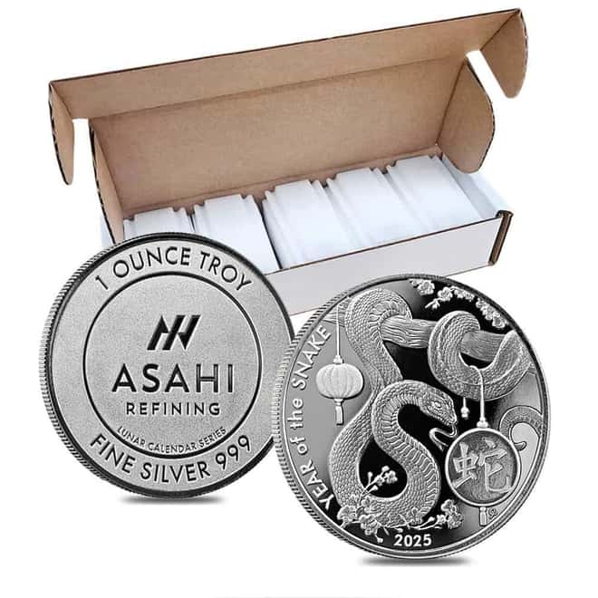 Box of 500 - 2025 1 oz Asahi Lunar Snake Silver Round .999 Fine