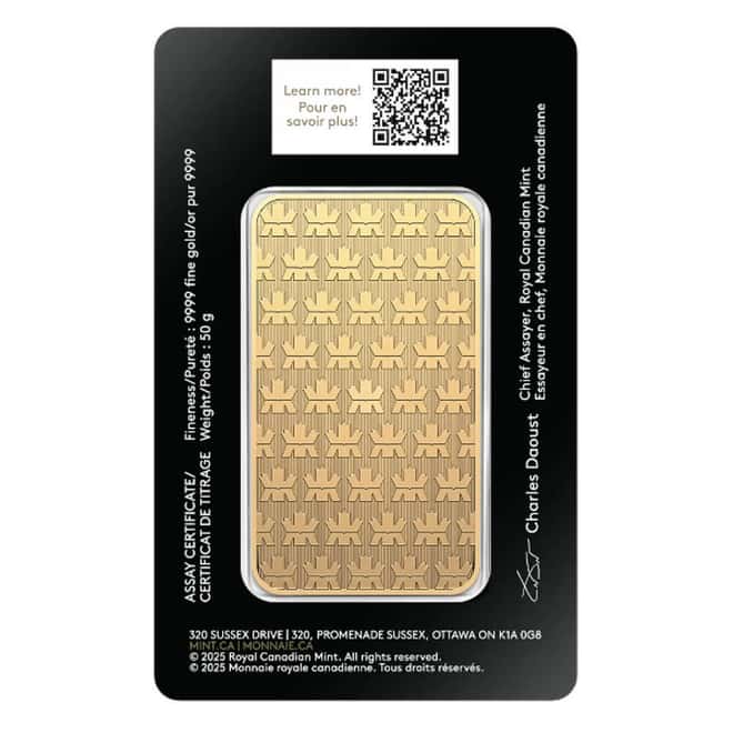 50 Gram Royal Canadian Mint RCM Wafer Gold Bar .9999 Fine (in Assay)
