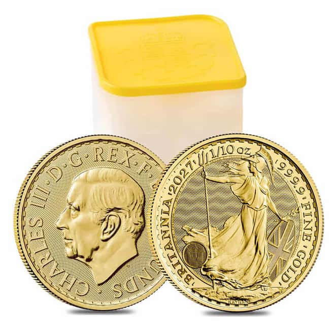 Tube of 25 - 2027 Great Britain 1/10 oz Gold Britannia Coin BU