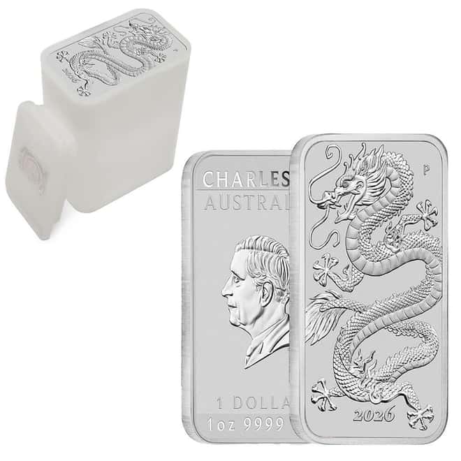 Tube of 20 - 2026 1 oz Silver Australian Dragon Rectangular Coin Bar $1 BU