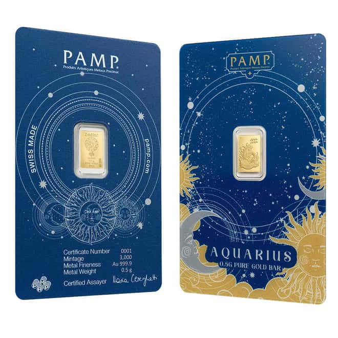 1/2 Gram PAMP Suisse Aquarius Zodiac Gold Bar (in Assay)