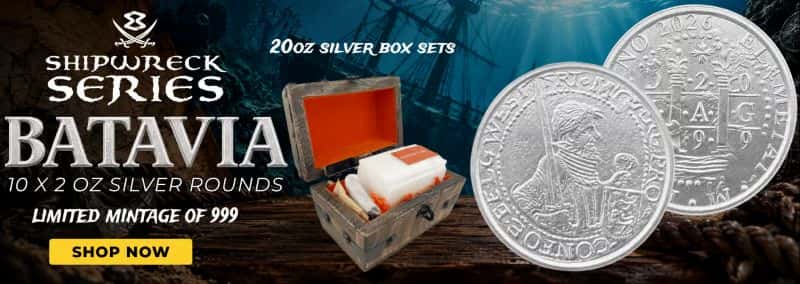 Tube of 10 - 2 oz Elemetal Shipwreck Batavia Silver Rounds Chest Set .999 Fine