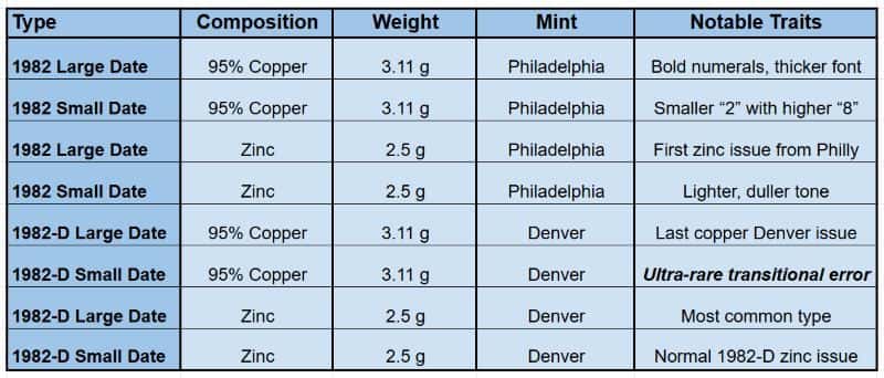 1982 Lincoln Cent Varieties chart