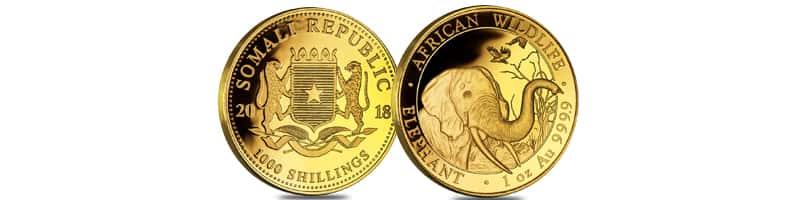 2018 Somalia 1 oz Gold African Elephant BU 1000 Shillings