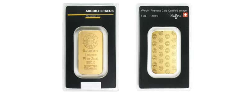 1 oz Gold Bar - Argor-Heraeus .999+ Fine (In Assay)