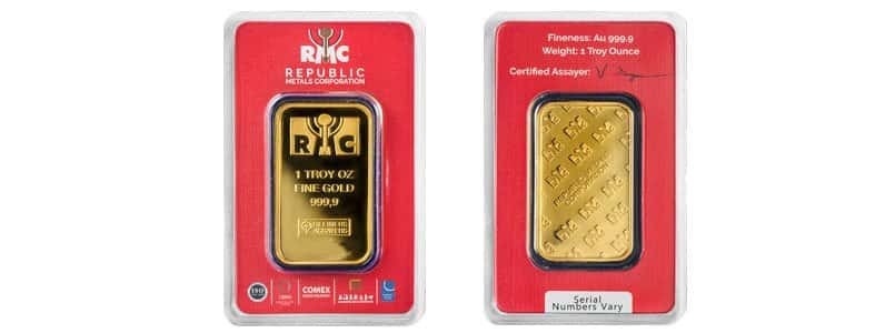 1 oz Republic Metals (RMC) Gold Bar .9999 Fine (In Assay)