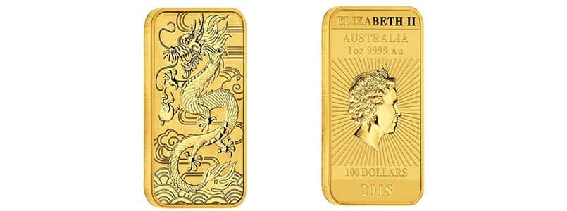 2018 1 oz Gold Australian Dragon Coin Bar $100 BU