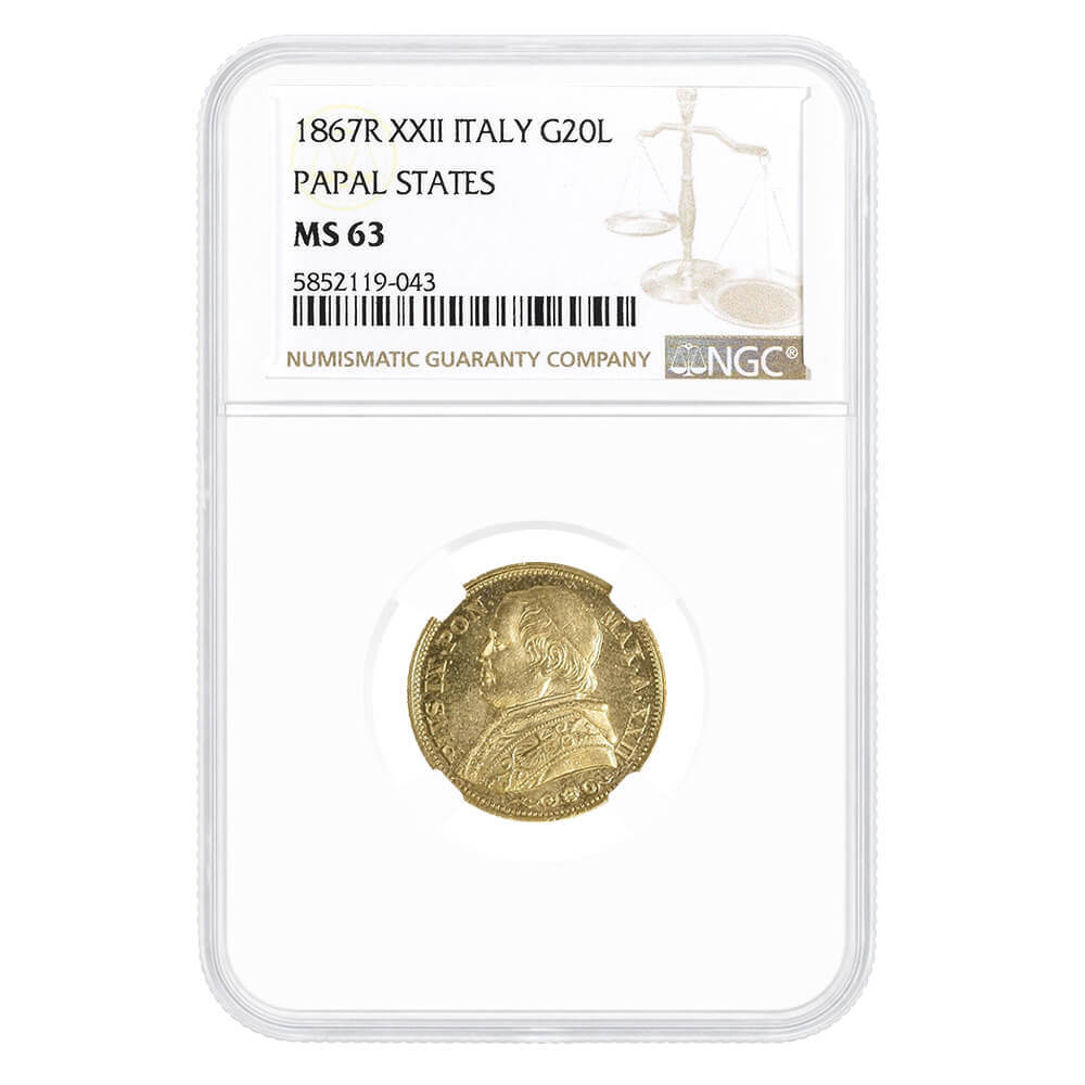 1863年 イタリア 金貨 NGC MS63 1867 XXI 20 Lire Italy Papal States Gold Coin NGC MS 63