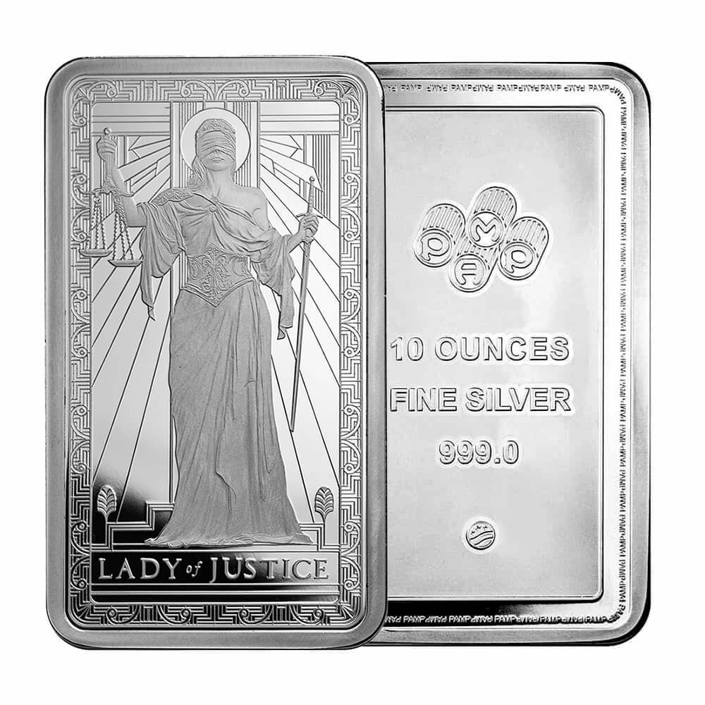 NO SEAL - 10 oz PAMP Lady of Justice Silver Bar .999 Fine