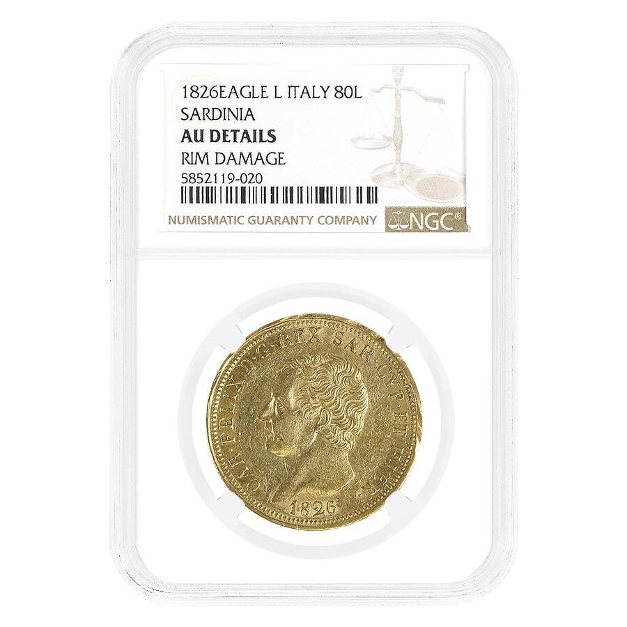 1826 Eagle L Italy Sardinia 80 Lire Gold Coin NGC AU Details