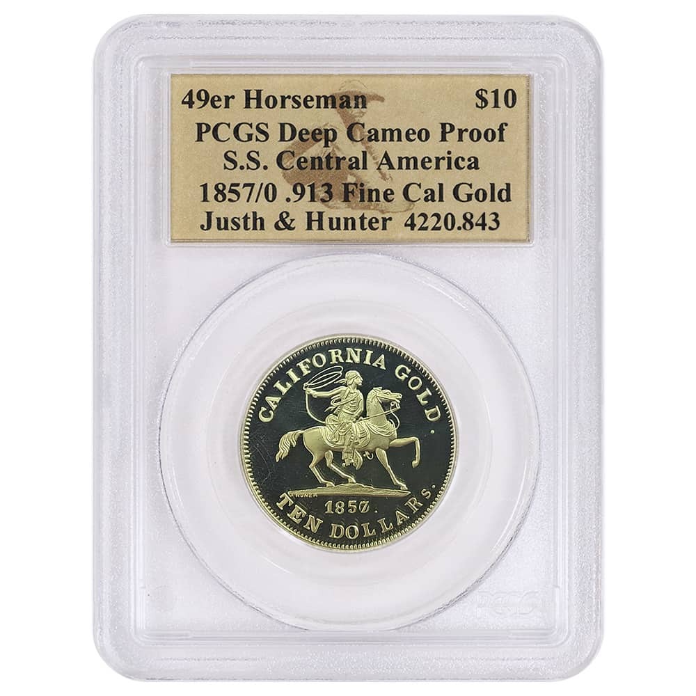 1857/0 $10 49er Horseman Justh & Hunter SS Central Gold Coin