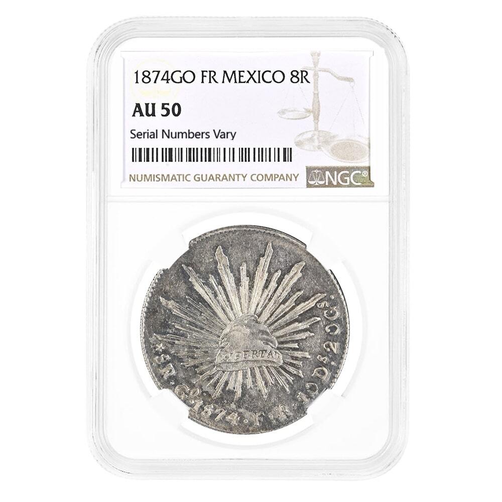 1874 GO FR Mexico 8 Reales Cap & Rays Silver Coin NGC AU 50