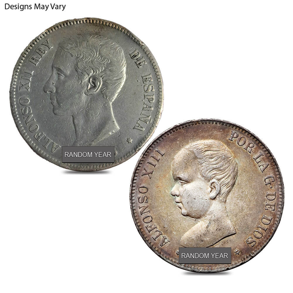 1875-1899 Spain 5 Pesetas Silver Coin Cull (Random Year)