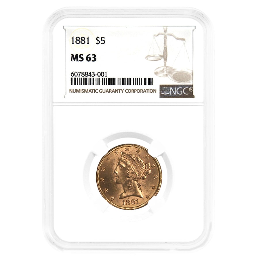1881/881 $5 Liberty Head Half Eagle Gold Coin NGC MS 63 FS-304