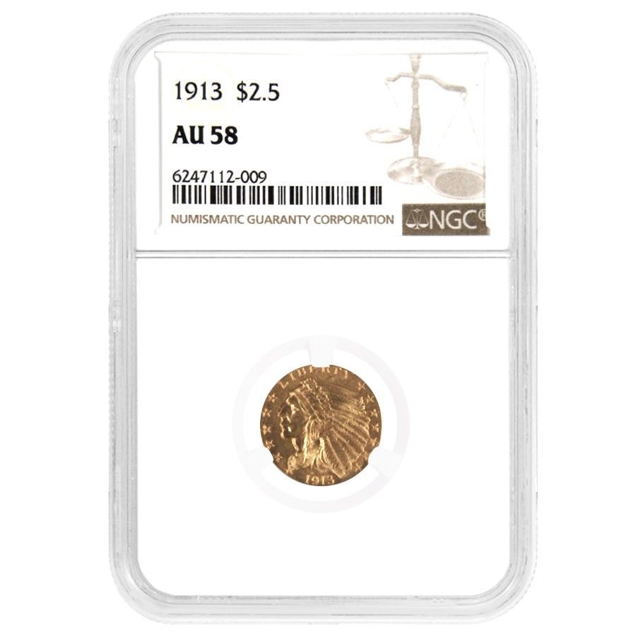 1913 $2.5 Indian Head Gold Quarter Eagle Coin NGC AU 58