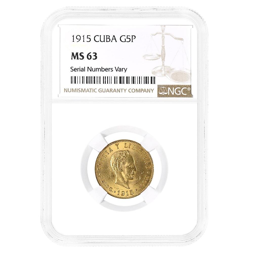 1915 5 Pesos Jose Marti Gold Coin NGC MS 63 in Stock