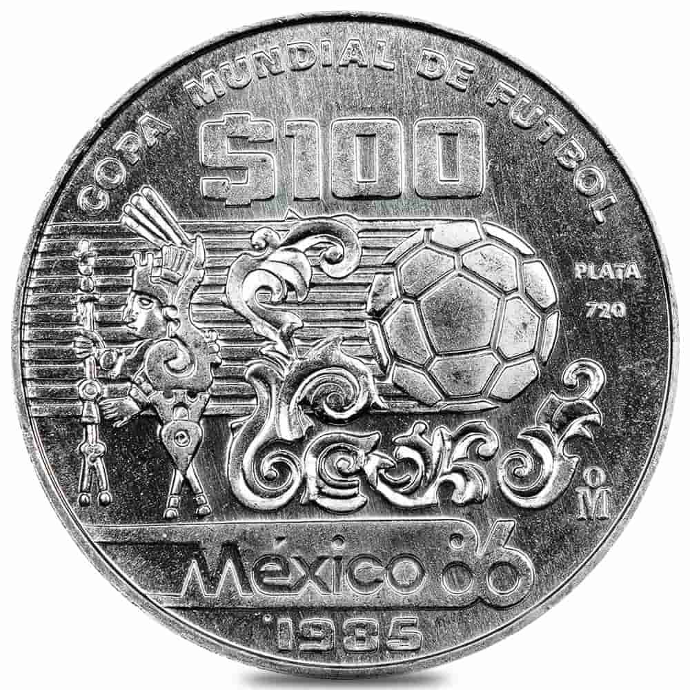 1985 Mexican 100 Pesos 1986 World Cup Silver Coin BU