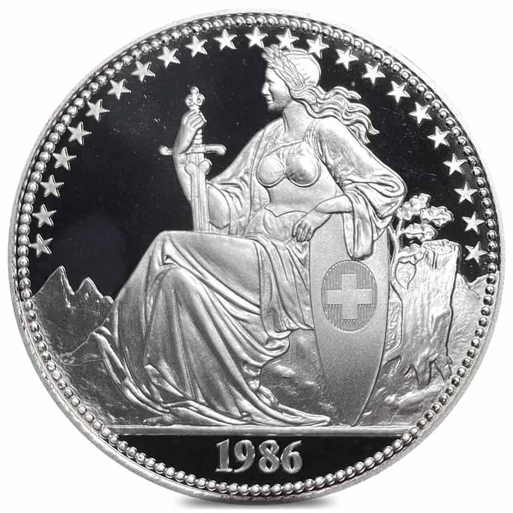 1986 Switzerland 5 oz Helvetia Eternal Pact Silver Round
