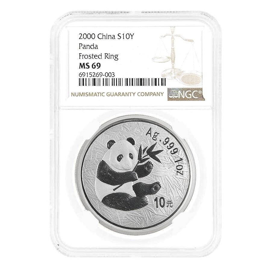2000 1 oz Chinese Silver Panda 10 Yuan Frosted Ring NGC MS 69