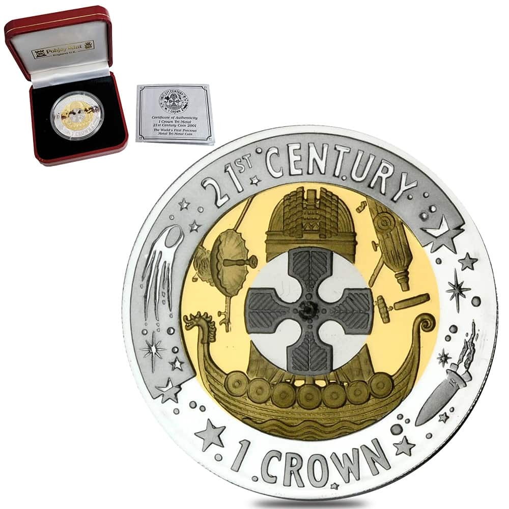 2001 Gibraltar Proof Trimetallic 1 Crown Gold/Silver/Platinum Coin