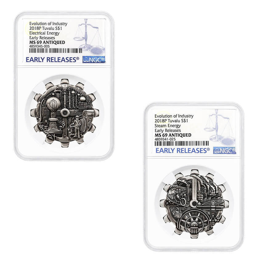 2018 Tuvalu Silver Evolution of Industry Gear-Shaped 2-Coin Set NGC MS 69 ER