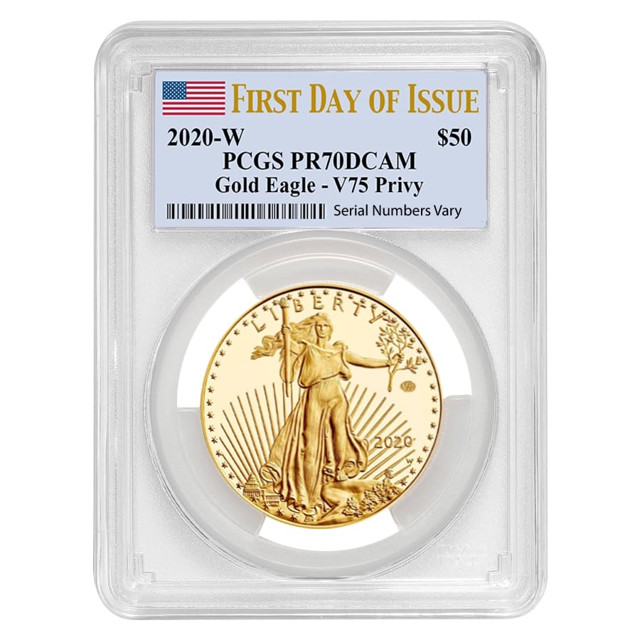 2020-W V75 Privy 1 oz Gold Eagle End of WWII 75th PCGS 70 FDOI