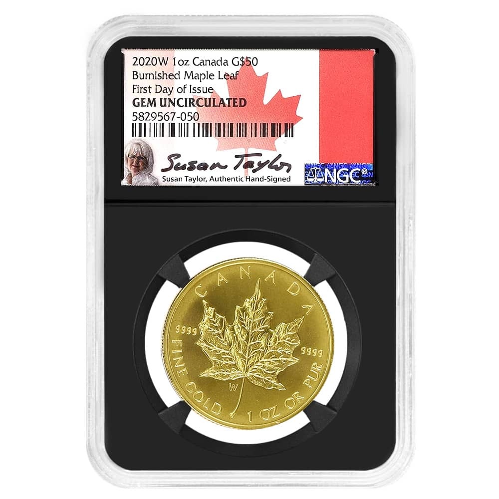 2020-W 1 oz Burnished Gold Maple Leaf $50 Coin NGC Gem UNC