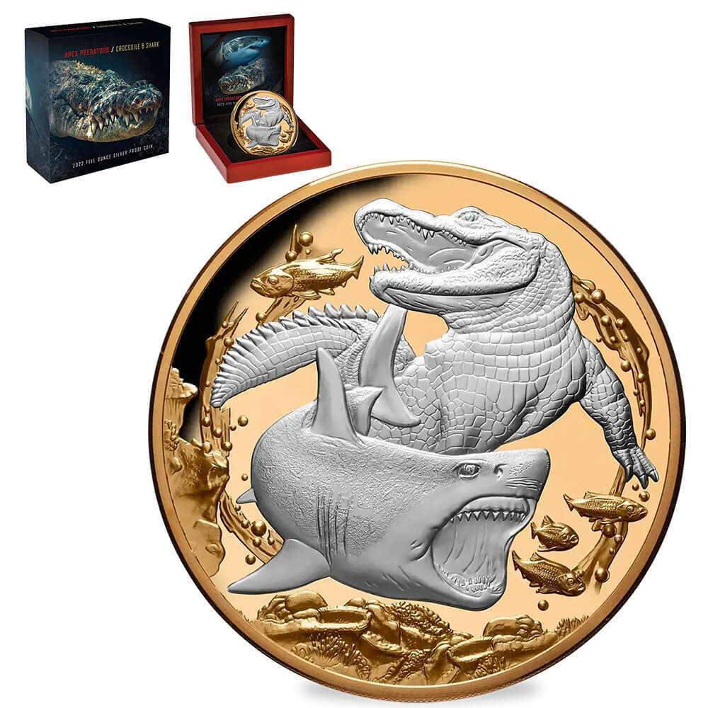 2022 5 oz Niue Apex Predators Crocodile & Shark Proof Silver Coin