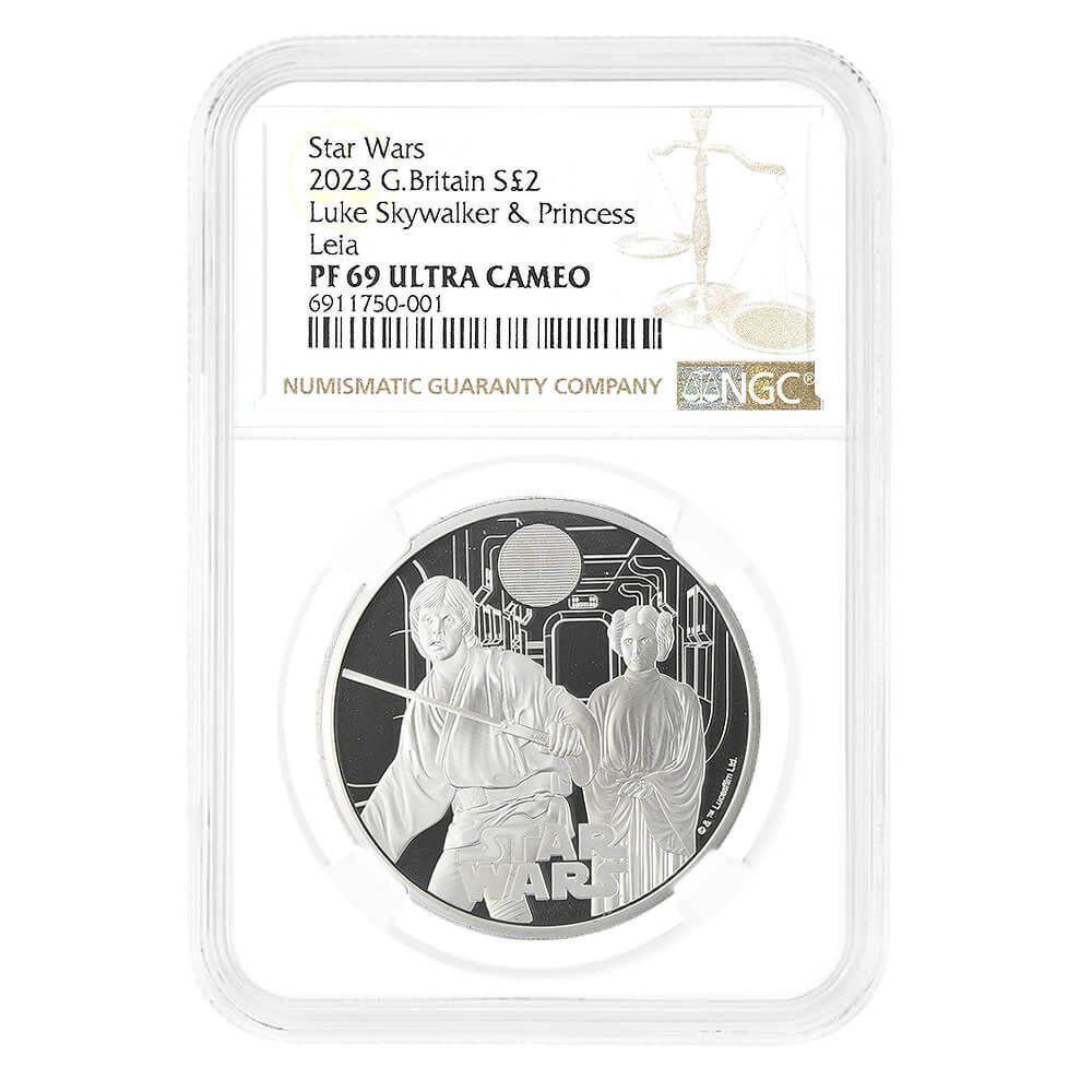 2023 Great Britain 1 oz Star Wars Luke Skywalker & Princess Leia Proof Silver Coin NGC PF 69 UCAM